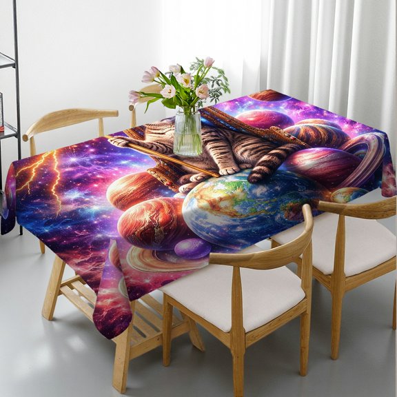 RKSupls Rectangle Dining Tablecloth - Cosmic Cat King Throne Crown Print, Machine-Made Holiday Party Tablecloth Rectangle Dining Tablecloth, Ideal for Kitchen Picnic Party