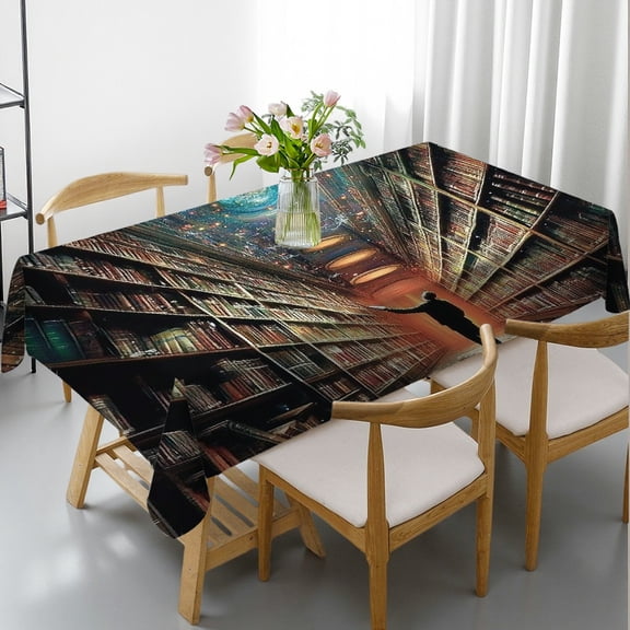 RKSupls Rectangle Dining Tablecloth, Cosmic Library Galaxy Fantasy Print, Washable Wipeable Stain & Wrinkle Resistant Polyester Tablecloth for Kitchen Picnic Party