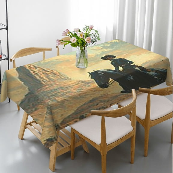RKSupls Rectangle Dining Tablecloth, Cowboy UFO Western Fantasy Print, Washable Wipeable Stain & Wrinkle Resistant Polyester Tablecloth for Kitchen Picnic Party