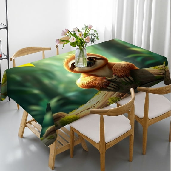 RKSupls Rectangle Dining Tablecloth Cute Sloth Sign Jungle Animal Print, Washable Wipeable Stain & Wrinkle Resistant Polyester Tablecloth for Kitchen Picnic Party