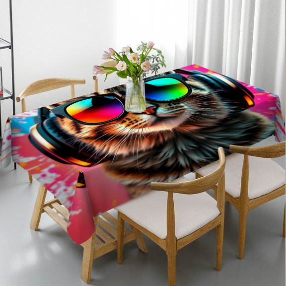 RKSupls Rectangle Dining Tablecloth DJ Tabby Cat Headphone Animal Print, Washable Wipeable Stain & Wrinkle Resistant Polyester Tablecloth for Kitchen Picnic Party