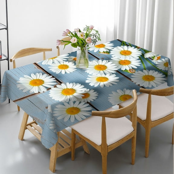 RKSupls Rectangle Dining Tablecloth Daisy Wood Floral Print, Wipeable Washable Stain & Wrinkle Resistant Polyester Tablecloth for Kitchen Picnic Party
