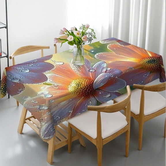 RKSupls Rectangle Dining Tablecloth Dewdrop Daisy Floral Print, Washable Wipeable Stain & Wrinkle Resistant Polyester Tablecloth for Kitchen Picnic Party