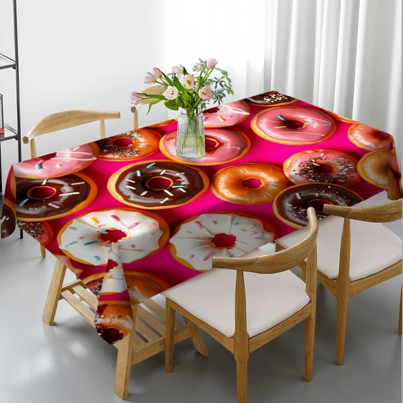 RKSupls Rectangle Dining Tablecloth Donut Pattern Pink Background Food Print, Washable Wipeable Stain & Wrinkle Resistant Polyester Tablecloth for Kitchen Picnic Party
