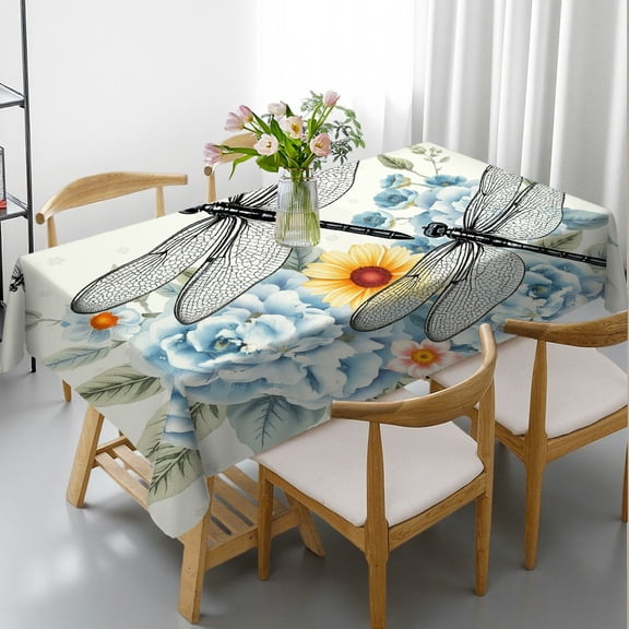RKSupls Rectangle Dining Tablecloth Dragonfly Floral Nature Print, Washable Wipeable Stain & Wrinkle Resistant Polyester Tablecloth for Kitchen Picnic Party