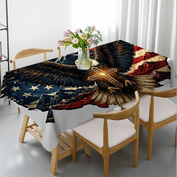 RKSupls Rectangle Dining Tablecloth - Eagle With Cross Over American Map Mountains Print, Holiday Party Tablecloth Holiday-Themed Design Rectangle Dining Tablecloth, Kitchen Picnic Party