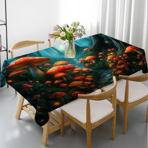 RKSupls Rectangle Dining Tablecloth Enchanted Mushroom Forest Mystic Print, Washable Wipeable Stain & Wrinkle Resistant Polyester Tablecloth for Kitchen Picnic Party