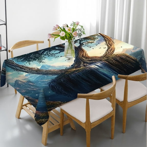 RKSupls Rectangle Dining Tablecloth, Fantasy Tree of Life Waterfall Galaxy Print, Washable Wipeable Stain & Wrinkle Resistant Polyester Tablecloth for Kitchen Party Picnic