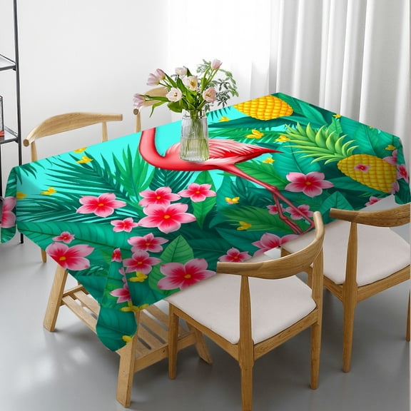 RKSupls Rectangle Dining Tablecloth Flamingo Pineapple Animal Print, Washable Wipeable Stain & Wrinkle Resistant Polyester Tablecloth for Kitchen Picnic Party