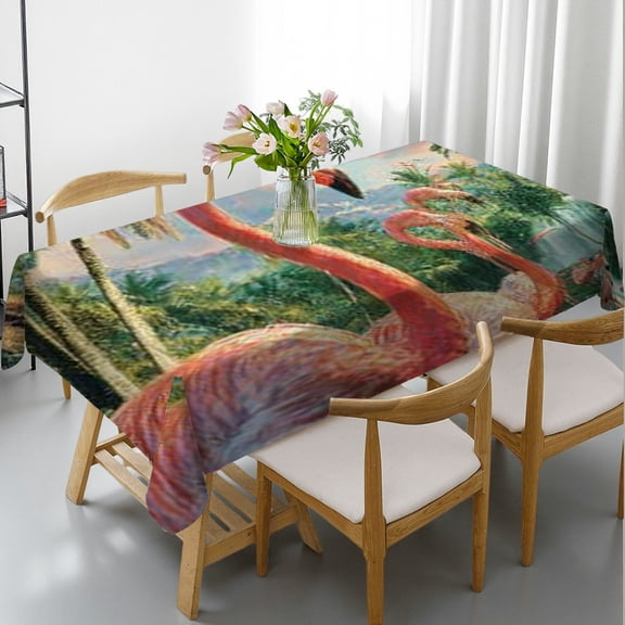 RKSupls Rectangle Dining Tablecloth, Flamingo Tropical Print, Washable Wipeable Stain & Wrinkle Resistant Polyester Tablecloth for Kitchen Party Picnic