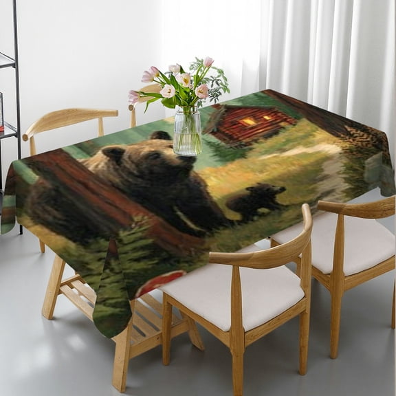 RKSupls Rectangle Dining Tablecloth, Forest Bear Cabin Rustic Print, Washable Wipeable Stain & Wrinkle Resistant Polyester Tablecloth for Kitchen Party Picnic