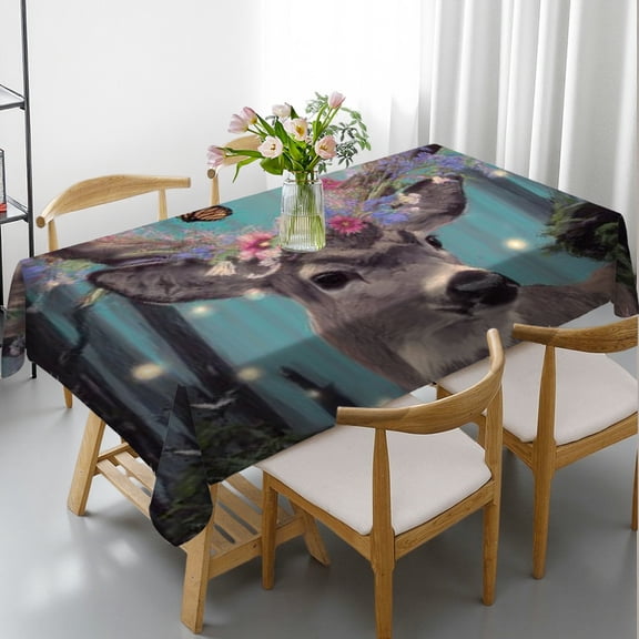 RKSupls Rectangle Dining Tablecloth, Forest Deer Floral Print, Washable Wipeable Stain & Wrinkle Resistant Polyester Tablecloth for Kitchen Party Picnic