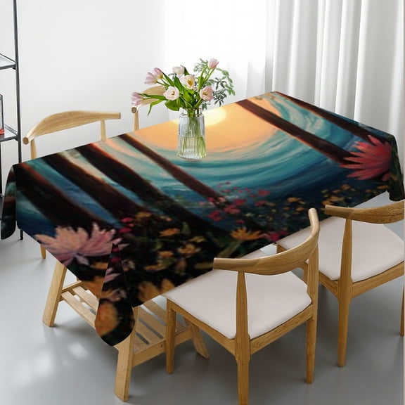 RKSupls Rectangle Dining Tablecloth, Forest Sunrise Floral Print, Washable Wipeable Stain & Wrinkle Resistant Polyester Tablecloth for Kitchen Party Picnic
