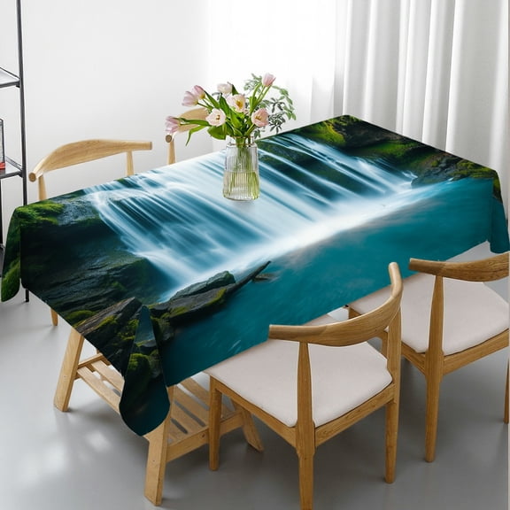 RKSupls Rectangle Dining Tablecloth, Forest Waterfall Nature Print, Washable Wipeable Stain & Wrinkle Resistant Polyester Tablecloth for Kitchen Picnic Party