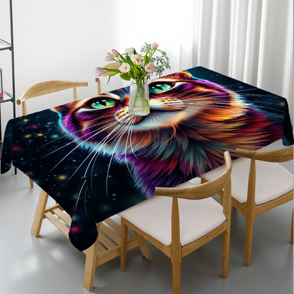 RKSupls Rectangle Dining Tablecloth Galaxy Cat Animal Print, Washable Wipeable Stain & Wrinkle Resistant Polyester Tablecloth for Kitchen Picnic Party