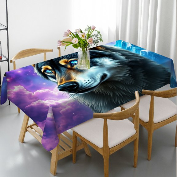 RKSupls Rectangle Dining Tablecloth Galaxy Wolf Mountain Animal Print, Washable Wipeable Stain & Wrinkle Resistant Polyester Tablecloth for Kitchen Picnic Party
