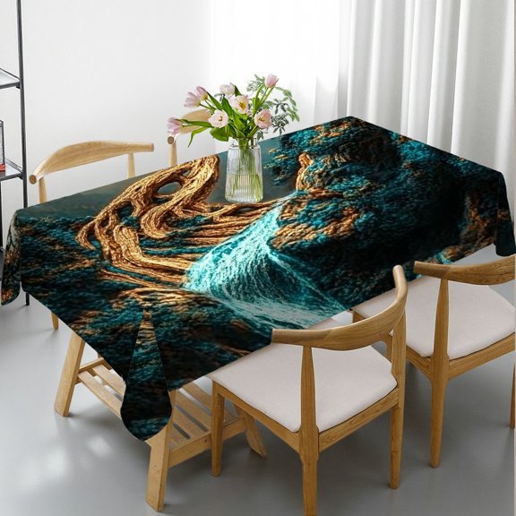 RKSupls Rectangle Dining Tablecloth, Golden Tree Waterfall Landscape Print, Washable Wipeable Stain & Wrinkle Resistant Polyester Tablecloth for Kitchen Party Picnic