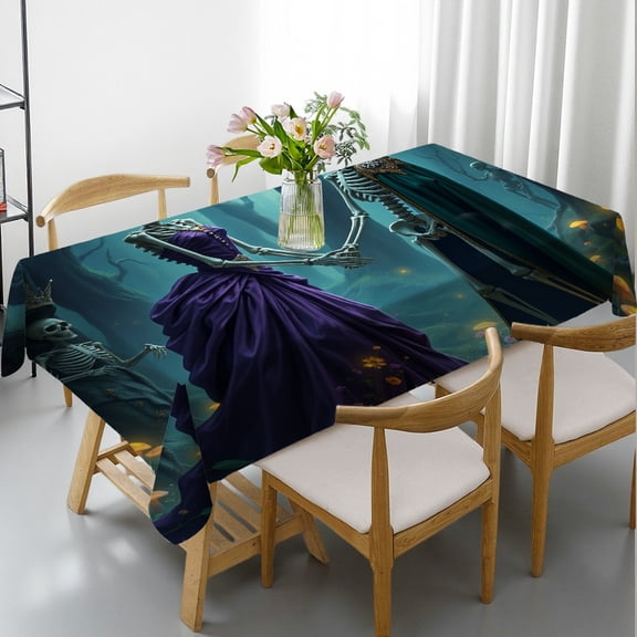 RKSupls Rectangle Dining Tablecloth, Gothic Skeleton King Queen Halloween Print, Washable Wipeable Stain & Wrinkle Resistant Polyester Tablecloth for Kitchen Picnic Party