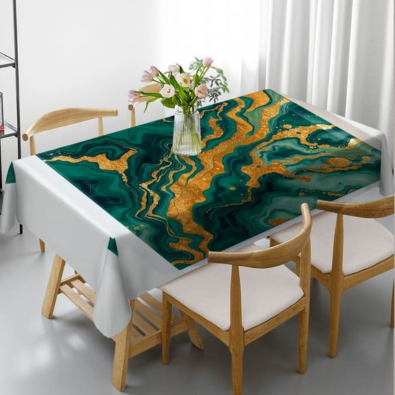 RKSupls Rectangle Dining Tablecloth Green Gold Marble Print, Washable Wipeable Stain & Wrinkle Resistant Polyester Tablecloth for Kitchen Picnic Party