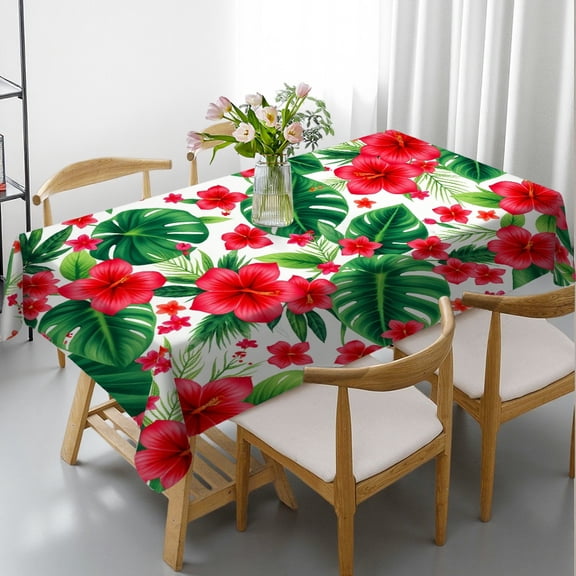 RKSupls Rectangle Dining Tablecloth Hibiscus Monstera Floral Print, Washable Wipeable Stain & Wrinkle Resistant Polyester Tablecloth for Kitchen Picnic Party
