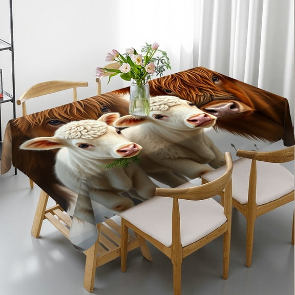RKSupls Rectangle Dining Tablecloth Highland Cow Animal Print, Washable Wipeable Stain & Wrinkle Resistant Polyester Tablecloth for Kitchen Picnic Party