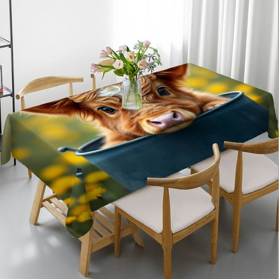 RKSupls Rectangle Dining Tablecloth, Highland Cow Flower Crown Animal Print, Washable Wipeable Stain & Wrinkle Resistant Polyester Tablecloth for Kitchen Picnic Party