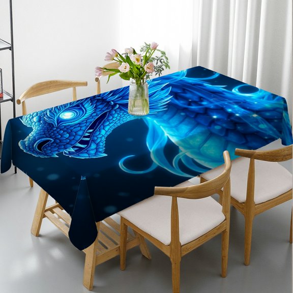 RKSupls Rectangle Dining Tablecloth Ice Blue Dragon Fantasy Print, Washable Wipeable Stain & Wrinkle Resistant Polyester Tablecloth for Kitchen Picnic Party