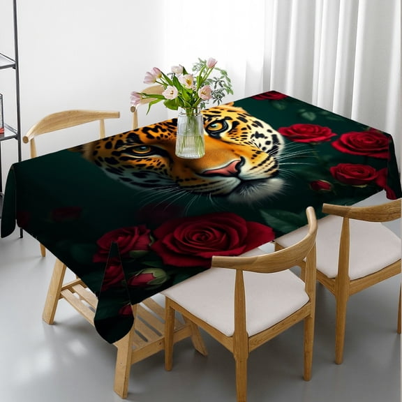 RKSupls Rectangle Dining Tablecloth Leopard Rose Animal Print, Washable Wipeable Stain & Wrinkle Resistant Polyester Tablecloth for Kitchen Picnic Party