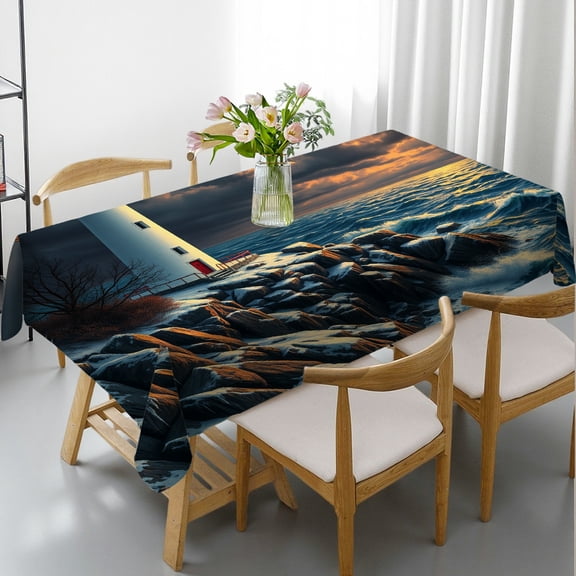 RKSupls Rectangle Dining Tablecloth Lighthouse Coastal Sunset Print, Washable Wipeable Stain & Wrinkle Resistant Polyester Tablecloth for Kitchen Picnic Party