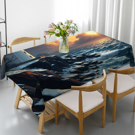 RKSupls Rectangle Dining Tablecloth Lighthouse Sunset Coastal Print, Washable Wipeable Stain & Wrinkle Resistant Polyester Tablecloth for Kitchen Picnic Party