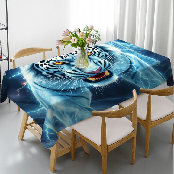 RKSupls Rectangle Dining Tablecloth, Lightning White Tiger Animal Print, Washable Wipeable Stain & Wrinkle Resistant Polyester Tablecloth for Kitchen Picnic Party