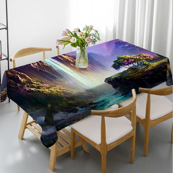 RKSupls Rectangle Dining Tablecloth, Magical Waterfall Rainbow Scenic Print, Washable Wipeable Stain & Wrinkle Resistant Polyester Tablecloth for Kitchen Party Picnic