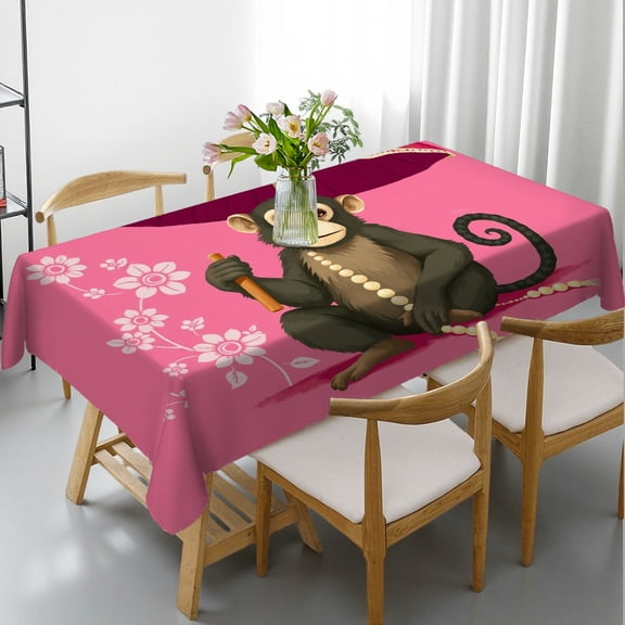 RKSupls Rectangle Dining Tablecloth Monkey With Umbrella Cute Animal Print, Washable Wipeable Stain & Wrinkle Resistant Polyester Tablecloth for Kitchen Picnic Party