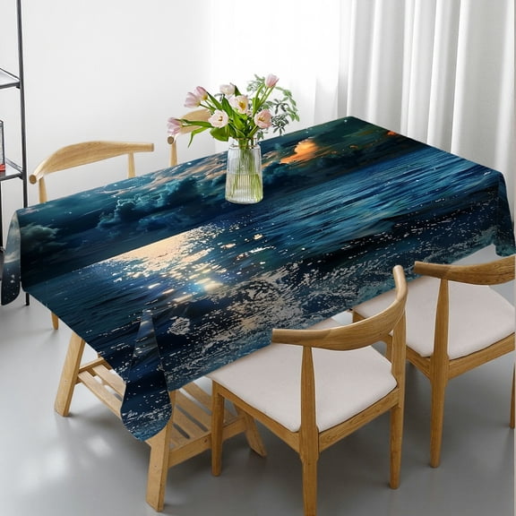 RKSupls Rectangle Dining Tablecloth - Moon Stars Ocean Night Print, Holiday Party Tablecloth Holiday-Themed Design Rectangle Dining Tablecloth, Kitchen Picnic Party