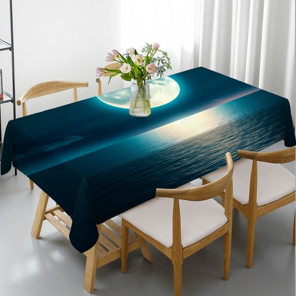 RKSupls Rectangle Dining Tablecloth, Moonlit Ocean Night Print, Washable Wipeable Stain & Wrinkle Resistant Polyester Tablecloth for Kitchen Picnic Party