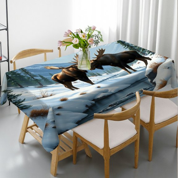RKSupls Rectangle Dining Tablecloth Moose Snowy Mountain Wildlife Print, Washable Wipeable Stain & Wrinkle Resistant Polyester Tablecloth for Kitchen Picnic Party