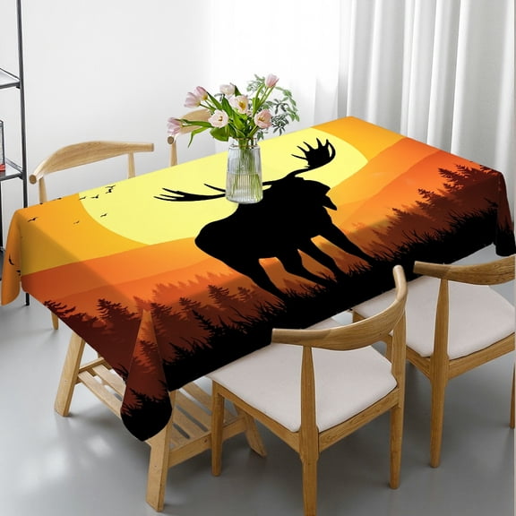 RKSupls Rectangle Dining Tablecloth, Moose Sunset Silhouette Animal Print, Washable Wipeable Stain & Wrinkle Resistant Polyester Tablecloth for Kitchen Picnic Party