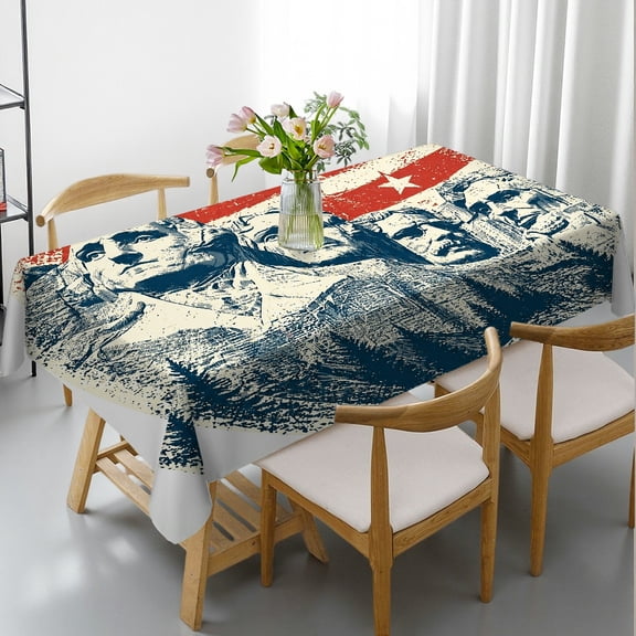 RKSupls Rectangle Dining Tablecloth - Mount Rushmore With Red Star Stripes Print, Holiday-Themed Design Holiday Party Tablecloth Rectangle Dining Tablecloth, Kitchen Picnic Party