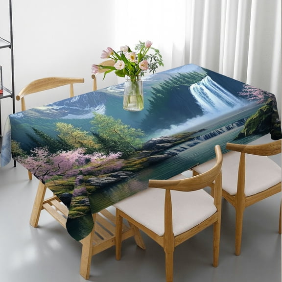 RKSupls Rectangle Dining Tablecloth, Mountain Waterfall Lake Scenic Print, Washable Wipeable Stain & Wrinkle Resistant Polyester Tablecloth for Kitchen Party Picnic