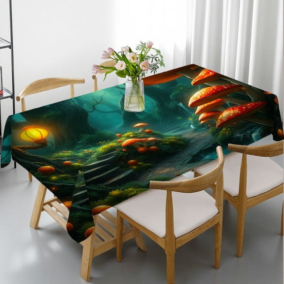 RKSupls Rectangle Dining Tablecloth Mushroom Forest Print, Washable Wipeable Stain & Wrinkle Resistant Polyester Tablecloth for Kitchen Picnic Party