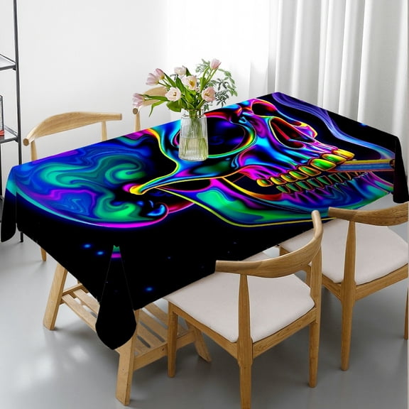 RKSupls Rectangle Dining Tablecloth Neon Psychedelic Skull Abstract Print, Washable Wipeable Stain & Wrinkle Resistant Polyester Tablecloth for Kitchen Picnic Party