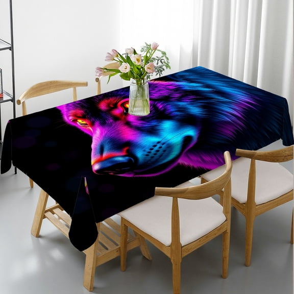 RKSupls Rectangle Dining Tablecloth Neon Wolf Wildlife Print, Washable Wipeable Stain & Wrinkle Resistant Polyester Tablecloth for Kitchen Picnic Party