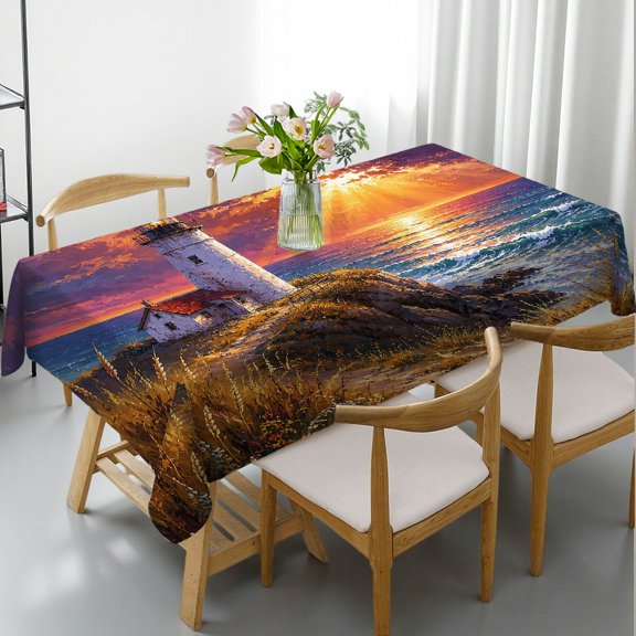 RKSupls Rectangle Dining Tablecloth - Oil Painting Lighthouse Cliff Sunset Print, Polyester Tablecloths Holiday Party Tablecloth Rectangle Dining Tablecloth, Ideal for Kitchen Picnic Party