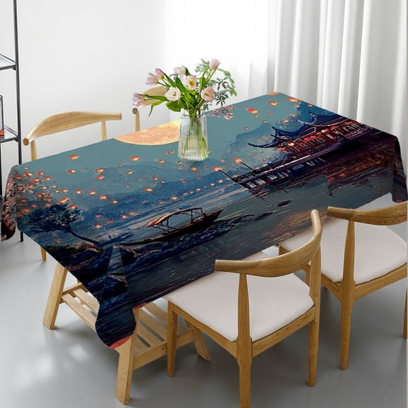 RKSupls Rectangle Dining Tablecloth Oriental Moon Lantern Print, Washable Wipeable Stain & Wrinkle Resistant Polyester Tablecloth for Kitchen Picnic Party