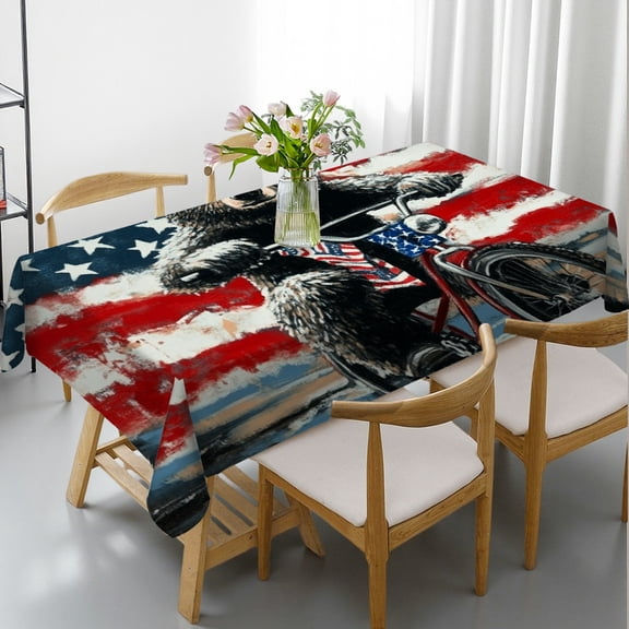 RKSupls Rectangle Dining Tablecloth, Patriotic Bear Bicycle Animal Print, Washable Wipeable Stain & Wrinkle Resistant Polyester Tablecloth for Kitchen Picnic Party