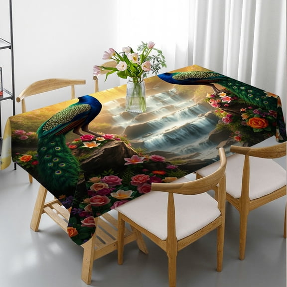 RKSupls Rectangle Dining Tablecloth Peacock Waterfall Wildlife Print, Washable Wipeable Stain & Wrinkle Resistant Polyester Tablecloth for Kitchen Picnic Party