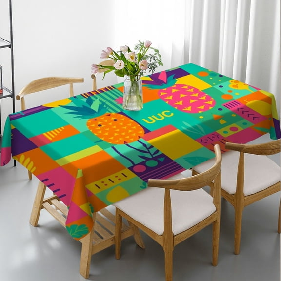 RKSupls Rectangle Dining Tablecloth Pineapple Geometric Fruit Print, Washable Wipeable Stain & Wrinkle Resistant Polyester Tablecloth for Kitchen Picnic Party