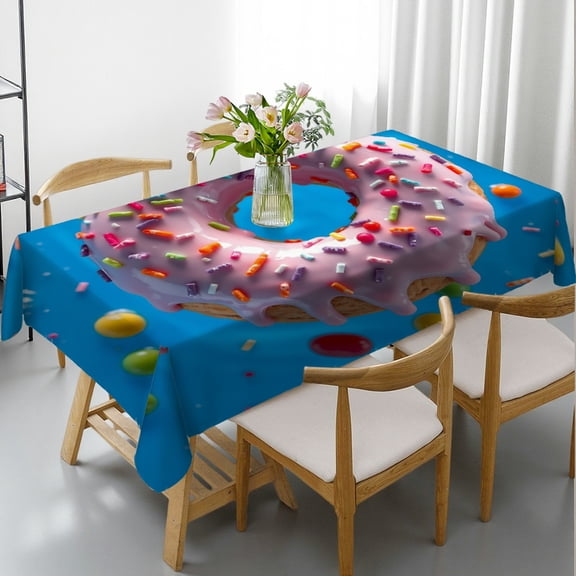 RKSupls Rectangle Dining Tablecloth, Pink Sprinkled Donut Print, Washable Wipeable Stain & Wrinkle Resistant Polyester Tablecloth for Kitchen Picnic Party