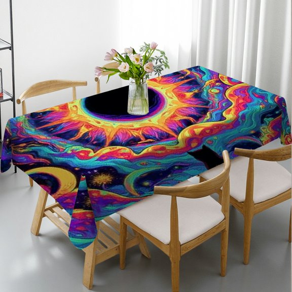 RKSupls Rectangle Dining Tablecloth Psychedelic Cosmic Cat Print, Washable Wipeable Stain & Wrinkle Resistant Polyester Tablecloth for Kitchen Picnic Party