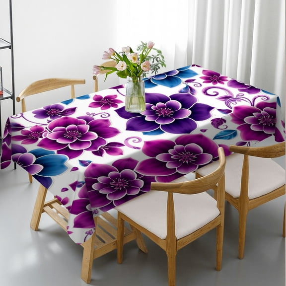 RKSupls Rectangle Dining Tablecloth, Purple Blue Floral Print, Washable Wipeable Stain & Wrinkle Resistant Polyester Tablecloth for Kitchen Picnic Party